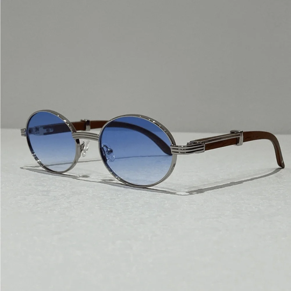 NEW Retro Silver Oval Metal Sunglasses with Light Blue Lens OS - Picture 3 of 4